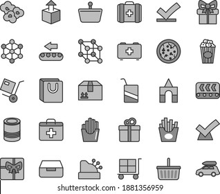 Thin line gray tint vector icon set - cargo trolley vector, grocery basket, first aid kit, bag of a paramedic, medical, e, box bricks, drawer, with handles, cardboard, gift, shipment, unpacking, tin