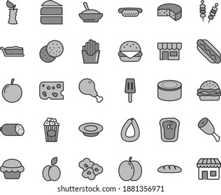 Thin line gray tint vector icon set - kiosk vector, sausage, stick of, piece cheese, loaf, canned goods, fried vegetables on sticks, Hot Dog, mini, big burger, cake, slice, a bowl buckwheat porridge