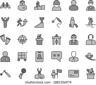 Thin line gray tint vector icon set - cargo trolley vector, footprints, builder, employee, pass card, operator, racer, welding, gas, man, in sight, think, conversation, scientist, arrow up, winner