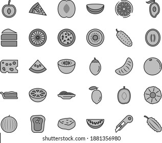 Thin line gray tint vector icon set - stationery knife vector, piece of cheese, pizza, slices onion, cake, slice, meat, cucumber, sandwich, water melon, half mango, delicious plum, peach, tangerine