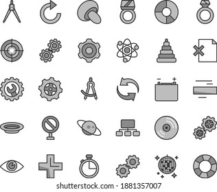 Thin line gray tint vector icon set - prohibition vector, renewal, plus, minus, clockwise, stacking toy, cogwheel, gear, eye, timer, CD, delete page, porcini, plate, accumulator, gears, scheme, atom