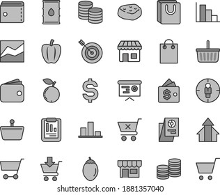 Thin line gray tint vector icon set - grocery basket vector, purse, line chart, positive histogram, put in cart, crossed, bag with handles, kiosk, coins, piece of meat, blueberry, tamarillo, oil