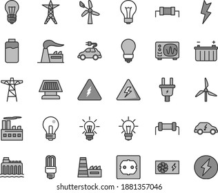 Thin line gray tint vector icon set - danger of electricity vector, matte light bulb, incandescent lamp, power socket type f, lightning, charge level, windmill, wind energy, factory, battery, line