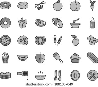 Thin line gray tint vector icon set - measuring bottle for feeding vector, plates and spoons, iron fork, fried vegetables on sticks, pizza, Hot Dog, noodles, muffin, cake with a hole, glazed, bacon