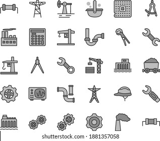 Thin line gray tint vector icon set - crane vector, tower, gears, cogwheel, adjustable wrench, sewerage, helmet, working oil derrick, water pipes, manufacture, hydroelectric station, power line