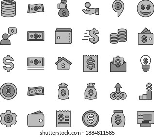 Thin line gray tint vector icon set - purse vector, dollar, coins, column of, denomination the, article on, financial item, catch a coin, wallet, money, dollars, cash, bag hand, mortgage, pedestal