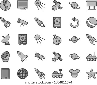 Thin line gray tint vector icon set - monitor vector, counterclockwise, t short, bath ball, artificial satellite, planet, Earth, billboard, rocket, space, tablet pc, hdd, telescope, antenna, saturn