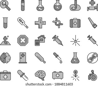 Thin line gray tint vector icon set - mark of injury vector, spectacles, first aid kit, plus, electronic thermometer e, mercury, bag a paramedic, medical, arm saw, estimate, temperature, round flask