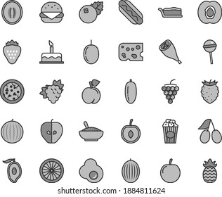 Thin line gray tint vector icon set - cake vector, piece of cheese, pizza, Hot Dog, big burger, slice, a bowl rice porridge, grill chicken leg, Chupa Chups, cup popcorn, fried egg, blueberries, plum