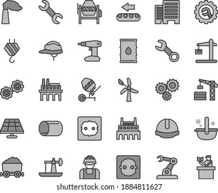 Thin line gray tint vector icon set - tower crane vector, hook, gears, concrete mixer, drill, power socket type f, buildings, construction helmet, star gear, solar panel, oil derrick, wind energy