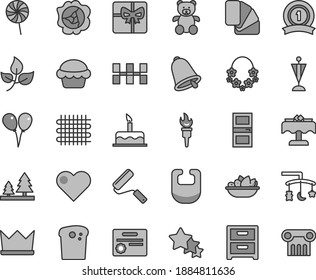 Thin line gray tint vector icon set - toys over the cradle vector, bib, teddy bear, colored air balloons, cake, new roller, sample of colour, interroom door, ceramic tiles, bell, heart, nightstand