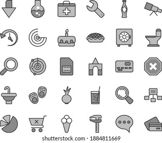 Thin line gray tint vector icon set - repair key vector, mark of injury, downward direction, magnifier, first aid kit, box bricks, shoes for little children, washbasin, comfortable toilet, speech