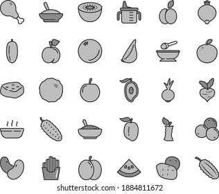 Thin line gray tint vector icon set - measuring cup for feeding vector, deep plate with a spoon, bowl of buckwheat porridge, rice, hot, chicken leg, cabbage, piece meat, cucumber, beet, garlic, kiwi