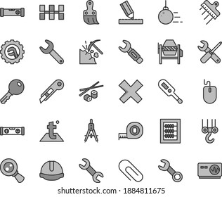 Thin line gray tint vector icon set - clip vector, cross, new abacus, electronic thermometer e, winch hook, big core, concrete mixer, small tools, measuring tape, plastic brush, construction level