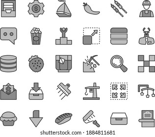 Thin line gray tint vector icon set - downward direction vector, archive, toys over the cot, builder, paint roller, tile, spatula, put in a box, drawer, expand picture, size, cake, barbecue, think