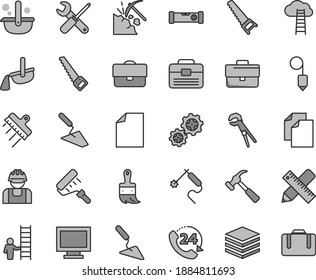 Thin Line Gray Tint Vector Icon Set - Monitor Window Vector, Briefcase, Clean Sheet Of Paper, Trowel, Building, Small Tools, Adjustable Wrench, Hand Saw, Arm, Paint Roller, Wooden Brush, Portfolio