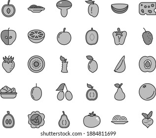 Thin line gray tint vector icon set - piece of cheese vector, onion, slices, mushroom, lettuce in a plate, tomato, peper, garlic, pear, orange, half apricot, squash, tasty apple, strawberry, cornels