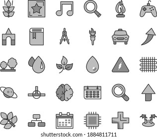 Thin line gray tint vector icon set - calendar vector, upward direction, plus, book, box of bricks, drop, car, flowchart, mint, leaves, trees, weaving, Measuring compasses, wall, cpu, connect, note