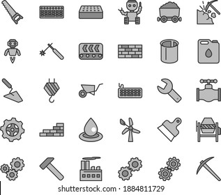 Thin line gray tint vector icon set - repair key vector, brickwork, brick wall, hook, building trolley, trowel, concrete mixer, hand saw, putty knife, hammer, coal mining, wind energy, valve, gear