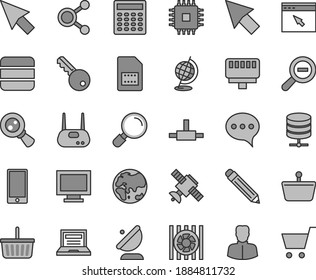 Thin line gray tint vector icon set - laptop vector, monitor window, graphite pencil, grocery basket, zoom out, magnifier, speech, smartphone, big data server, planet, satellite antenna, SIM card