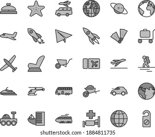 Thin line gray tint vector icon set - sign of the planet vector, paper airplane, car child seat, garden trolley, building, earth, retro, space rocket, saturn, lunar rover, helicopter, plane, train