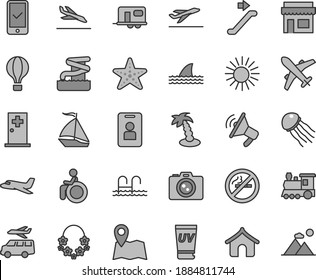 Thin line gray tint vector icon set - plane vector, train, camper, sail boat, air balloon, escalator, phone registration, departure, arrival, boungalow, sun, uv cream, palm tree, hawaii wreath, pool