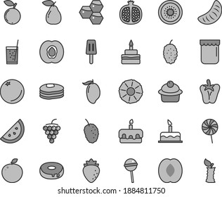 Thin line gray tint vector icon set - cake vector, muffin, torte, birthday, with a hole, peper, Chupa Chups, lollipop, glass of soda, popsicle, jam, orange slice, pancakes, honeycombs, half apricot