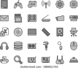 Thin line gray tint vector icon set - plummet vector, caliper, tablet pc, notebook, fan, encrypting, mouse, cpu, memory, card, gpu, web camera, hdd, router, cd, printer, scanner, headphones, speaker