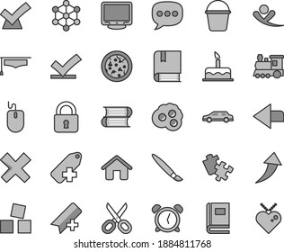 Thin line gray tint vector icon set - tassel vector, scissors, alarm clock, left direction, add bookmark, cross, label, cubes for children, cake, Puzzle, e, books, house, bucket, lock, pizza, speech