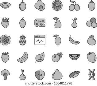 Thin line gray tint vector icon set - cardiogram vector, piece of cheese, a plate milk, beet, japanese sushi, fried egg, blueberries, squash, pear, tasty apple, strawberry, fig, raspberry, mulberry