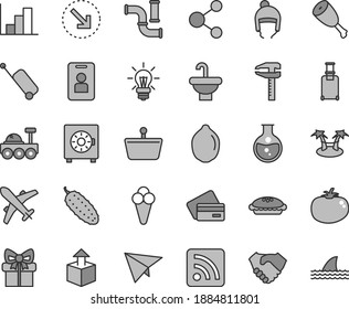 Thin line gray tint vector icon set - rss feed vector, negative histogram, winter hat, washbasin, strongbox, unpacking, right bottom arrow, pie, chicken thigh, cucumber, tomato, cone, lime, calipers