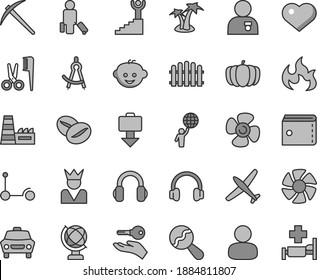 Thin line gray tint vector icon set - heart symbol vector, purse, beanbag, accessories for a hairstyle, children's hairdo, Kick scooter, hedge, globe, car, coffee beans, pumpkin, fan screw, man