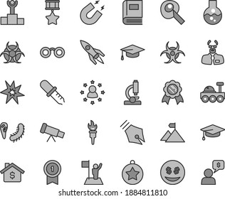 Thin line gray tint vector icon set - flask vector, microscope, telescope, glasses, bactery, book, biohazard, pipette, magnet, scientist, graduate hat, artifical insimination, rocket, lunar rover
