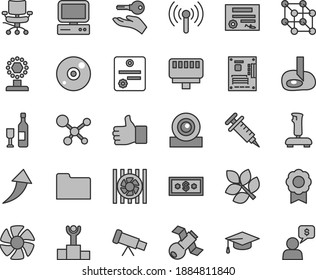Thin line gray tint vector icon set - computer vector, fan, radiator, motherboard, web camera, cd, folder, lan connector, wireless, joystick, chair, telescope, molecule, satellite, graduate hat, cup