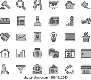 Thin line gray tint vector icon set - house vector, daily calendar, purse, hammer of a judge, clockwise, negative histogram, brick, coins, water filter, hand shake, money, morning paper, notebook pc