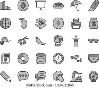 Thin line gray tint vector icon set - clock face vector, garden trolley, sink, knife, earth, umbrella, big data, porcini, apple pie, Chinese chopsticks, plum, half peach, lemon, red pepper, factory
