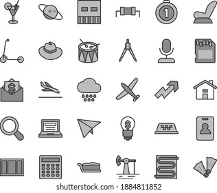 Thin line gray tint vector icon set - house vector, laptop, hat, growth up, car child seat, cloud, drum, Kick scooter, window frame, heating coil, cake slice, working oil derrick, usb, sd card, zoom