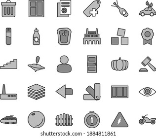 Thin line gray tint vector icon set - left direction vector, hammer of a judge, add label, small yule, cubes for children, window, frame, color samples, interroom door, hedge, dust bin, eye, pile