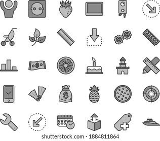 Thin line gray tint vector icon set - repair key vector, yardstick, add label, summer stroller, cake, gears, writing accessories, boiler, left bottom arrow, unpacking, move down, right, strawberry