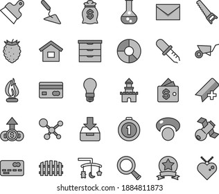 Thin Line Gray Tint Vector Icon Set - Envelope Vector, Add Bookmark, Toys Over The Cradle, Storage Unit, Dwelling, Building Trolley, Trowel, Hand Saw, Putty Knife, Fence, Put In A Box, Mashroom