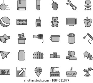 Thin line gray tint vector icon set - women vector, growth chart, bath ball, Knitted Socks, children's potty, teddy bear, e, brickwork, big core, hedge, noodles, torte, peper, tasty mulberry, pipes