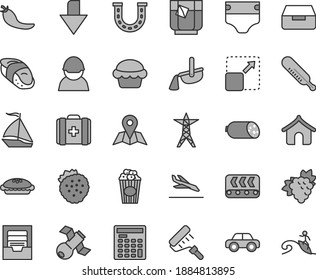 Thin line gray tint vector icon set - downward direction vector, archive, diaper, mercury thermometer, medical bag, motor vehicle, paint roller, map, drawer, expand picture, sausage, cake, pie, luck