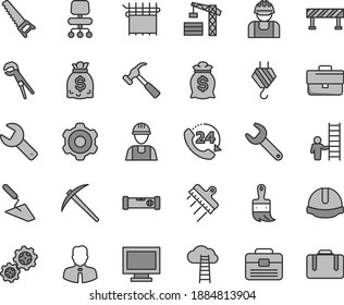 Thin Line Gray Tint Vector Icon Set - Repair Key Vector, Monitor Window, Briefcase, Tower Crane, Builder, Hook, Cogwheel, Trowel, Adjustable Wrench, Hand Saw, Wooden Paint Brush, Portfolio, Helmet