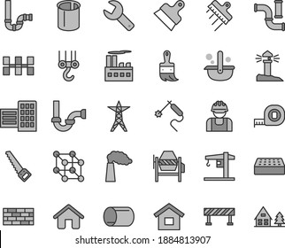 Thin line gray tint vector icon set - repair key vector, crane, house, dwelling, brickwork, winch hook, concrete mixer, arm saw, measuring tape, wooden paint brush, siphon, sewerage, city block