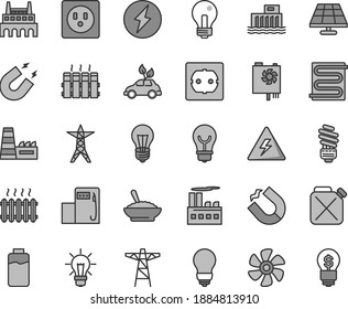 Thin line gray tint vector icon set - danger of electricity vector, incandescent lamp, saving light bulb, power socket type f, heating coil, radiator, a bowl buckwheat porridge, marine propeller