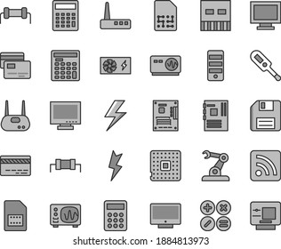 Thin line gray tint vector icon set - lightning vector, floppy disk, monitor, window, bank card, calculator, rss feed, electronic thermometer e, screen, cards, math actions, processor, SIM, engineer