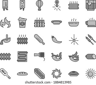 Thin line gray tint vector icon set - electronic thermometer vector e, mercury, heating coil, radiator, new, boiler, coffee, sausage, loaf, Hot Dog, mini, noodles, pie, porridge, barbecue, chili