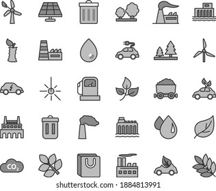 Thin line gray tint vector icon set - bin vector, drop, bag with handles, apple stub, solar panel, leaves, leaf, gas station, windmill, wind energy, manufacture, factory, hydroelectric, trees, CO2