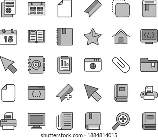 Thin line gray tint vector icon set - monitor window vector, add bookmark, clean sheet of paper, zoom, folder, book, e, home, calendar, star, notebook, address, clip, copy, statistical report, wall