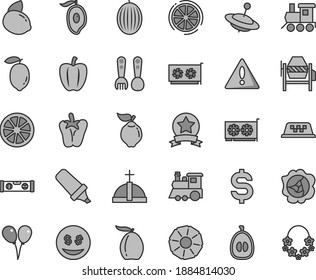 Thin line gray tint vector icon set - warning vector, plastic fork spoons, baby toy train, children's, yule, colored air balloons, concrete mixer, building level, peper, squash, quince, melon, lemon